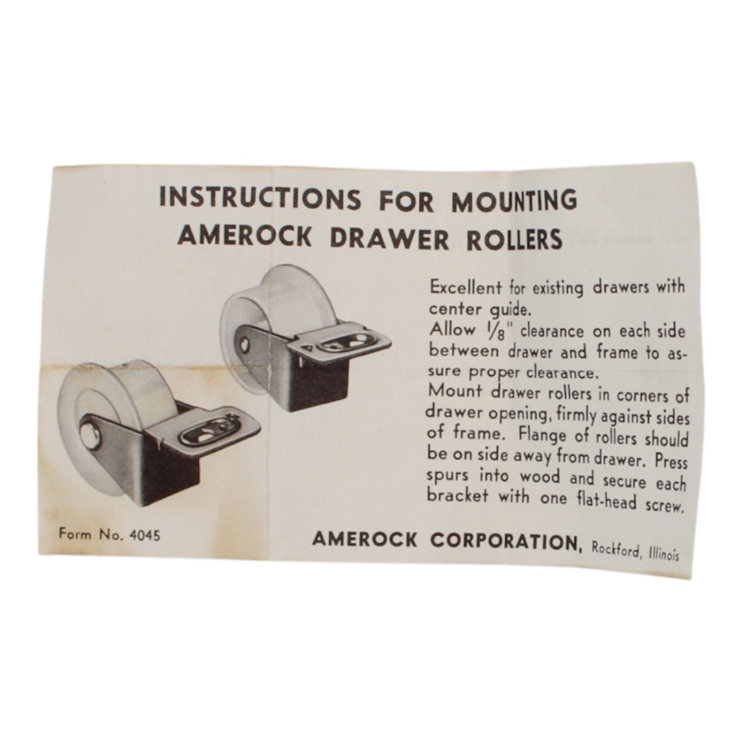 Vintage Amerock Front Drawer Rollers for Sliding Drawers 1" x 5/8" 4045-35