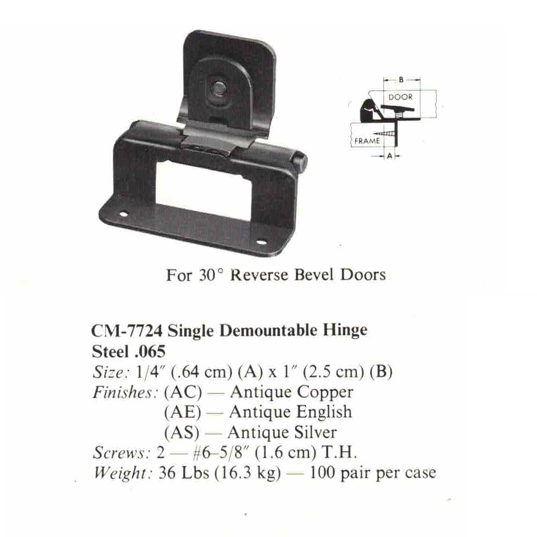 Single Demountable, Reverse Bevel Cabinet Hinge 1/4" Overlay Antique English CM7724-AE