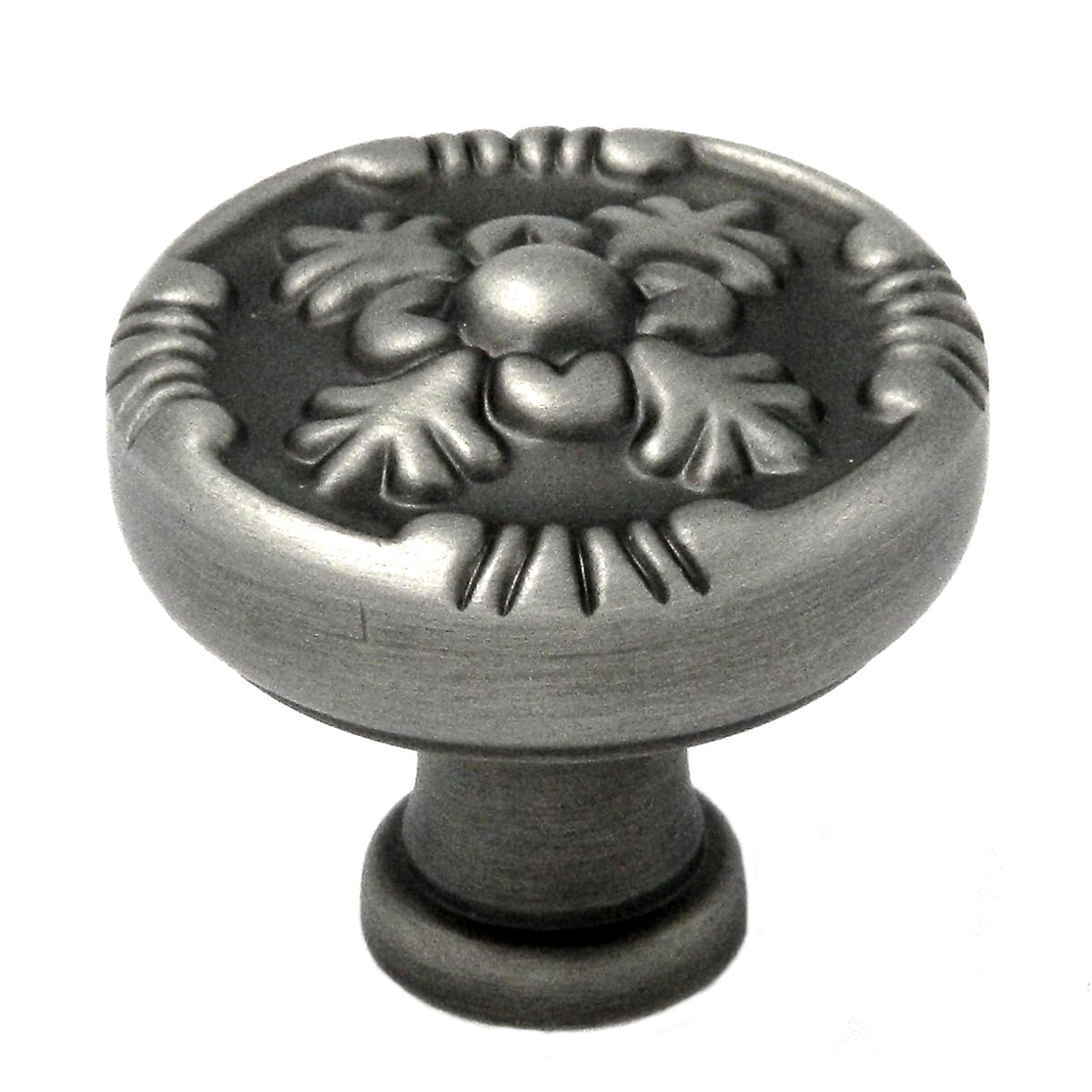Belwith Keeler Richelieu 1 1/4" perilla de gabinete de latón macizo adornada redonda de peltre antiguo F506