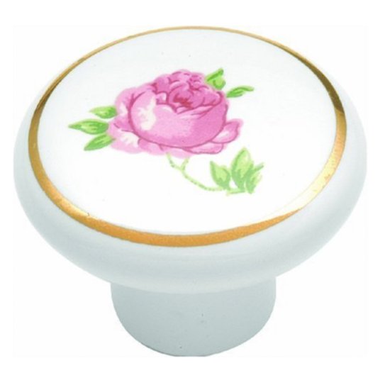 P24-R White Porcelain 1 1/4" Cabinet Knob Pull, Rose Center Belwith