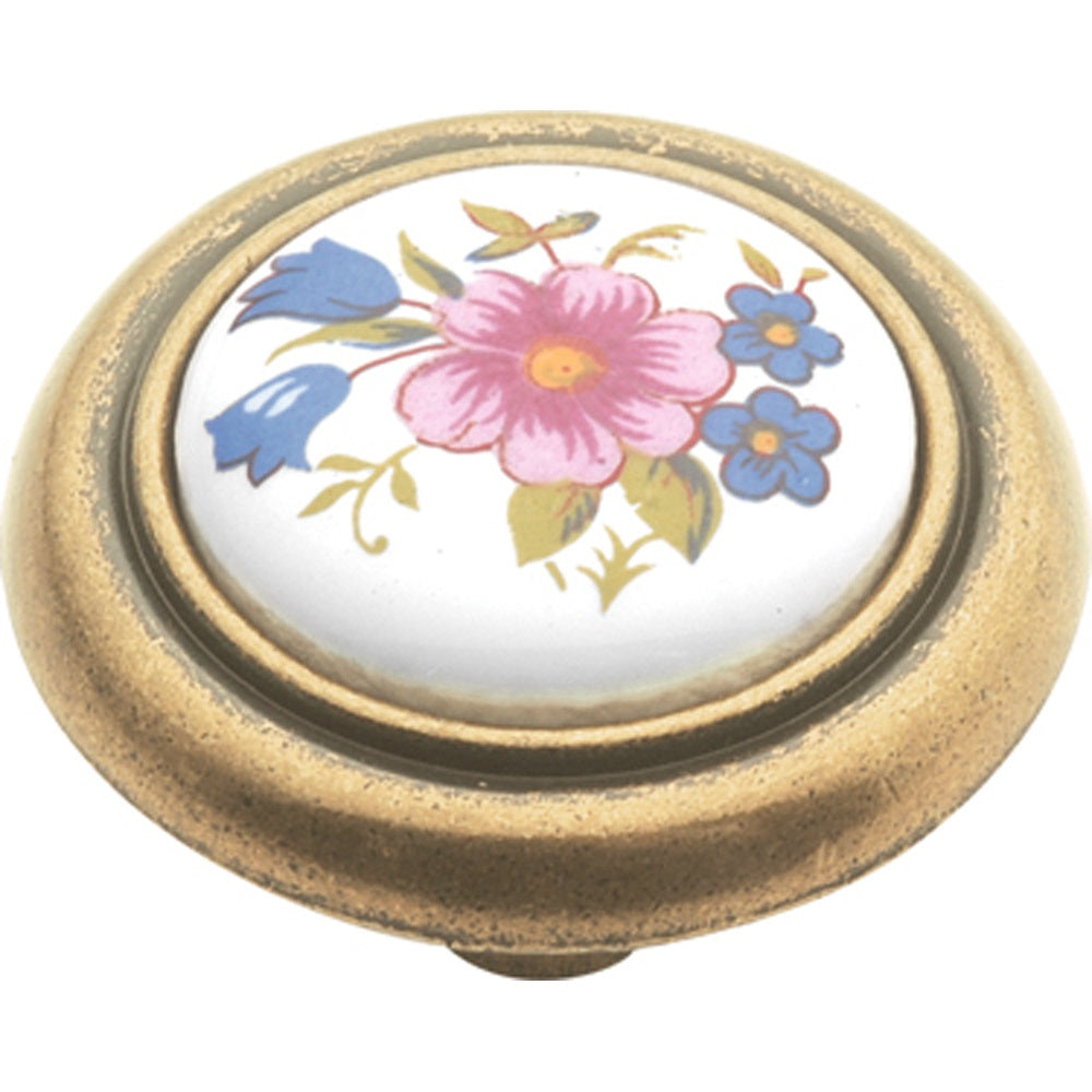 Hickory Hardware English Cozy Antique Brass & White Round Floral 1 1/4" Porcelain Cabinet Knob P776-BQ